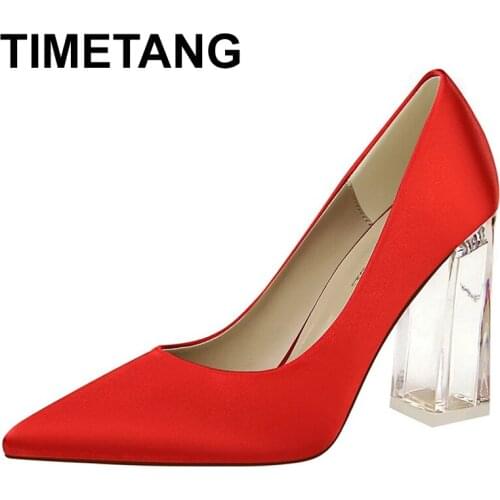 TIMETANGTransparent Block Heels Shoes Heel Silk Women Wedding Shoes Yellow High Heel Elegant Silver Summer Ladies Pumps Shoe