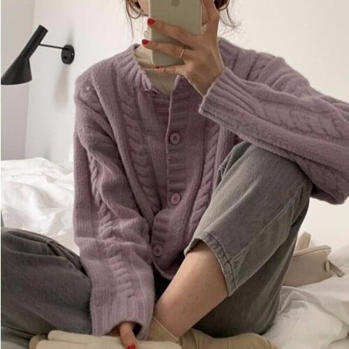 Loose round neck warm knitted jacket furry soft glutinous twist sweater cardigan womens autumn and winter 2020 new