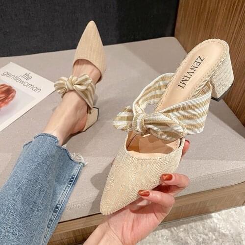 Spring Summer 2021 fashion Sandals Pointed Slides Fashion Slides Thick with Stripe Bow Pumps Cool High-Heeled Womens Shoes