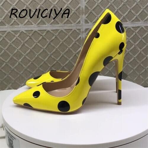 Yellow with black dot 12cm high heel stiletto shallow pointed toe sexy shoes party nightclub womens shoes QP071 ROVICIYA