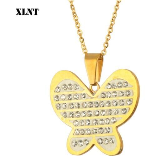 XLNT Pave Crystal Butterfly Pendant Necklace For Women Female Jewelry Gift Cubic Zirconia Stainless Chain Necklaces For Girl