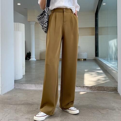 Womens Suits Pants 2021 Solid Loose Straight Wide Leg Pants Long Elastic High Waist Blazer Trousers Female Casual Smooth 811