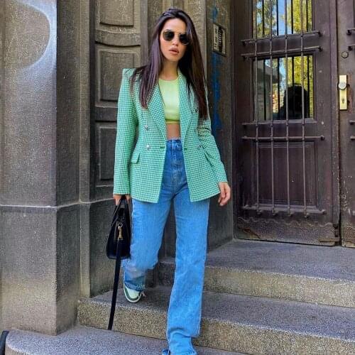 Retro womens long-sleeved plaid blazer 2021 summer fashion ladies chic double-breasted jacket casual blazer