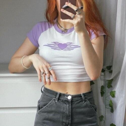 2021 Womens Round Neck Crop Tops Short Sleeve Heart Flame Print Slim Fit Raglan T-Shirts for Daily Wear Summer Beach Dating