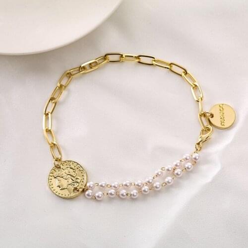 Trendy Pearl Chain Coin Female Bracelet Female Gold Coin Thick Chain Punk Gothic Jewelry Bracelet Gift 2021 Korea Pulsera