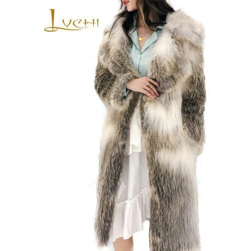 LVCHI 2019 Winter Import Real Fox Fur Coats Turn-Down Collar Natural Fox Fur Coat Womens Waveing Long Sashes Fox Fur Coats