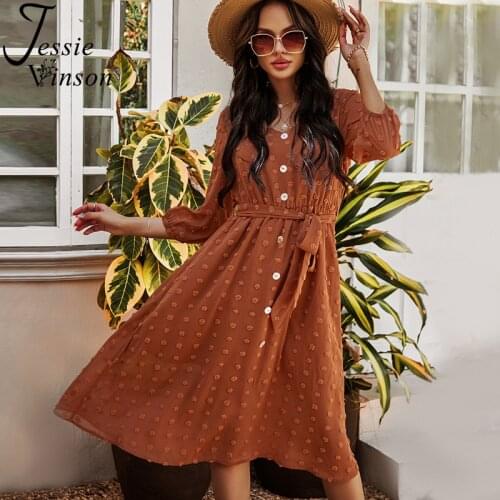 Jessie Vinson Vintage Polka Dots Tunic Long Dress Women Three Quarter Sleeve V-neck Caramel Chiffon Dress Spring Vestidos 2021