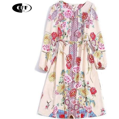 Holiday Beach Vintage Midi Dresses For Women Long Sleeve Floral Printed O-neck Loose Drawstring Retro Ladies Dress Femme Clothes