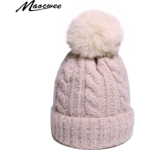 Winter Beanie Hats For Women Girls Real Fur Ball Pom Pom Knitted Hats Casual Unisex Solid Sport Skullies Beanie Thic kFemale Cap