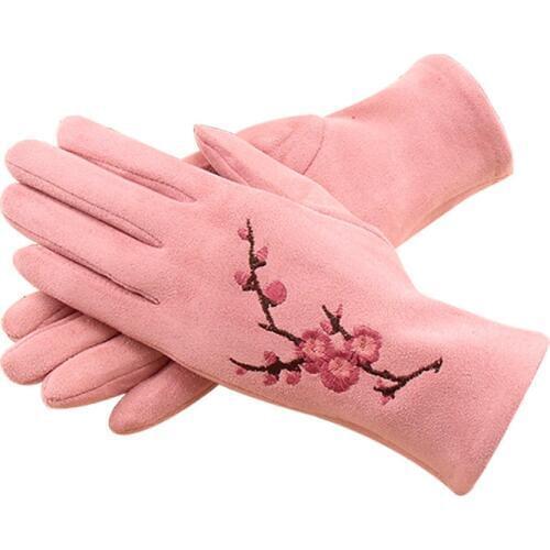 Winter Female Single Layer Warm Cashmere Full Finger Plum Pattern Mittens Women Suede Leather Touch Screen Driving Gloves B15