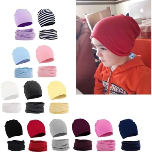 2Pcs Autumn Winter Warm Baby Hat Scarf Set Solid Color Cap For Boys Girls Cotton B36E