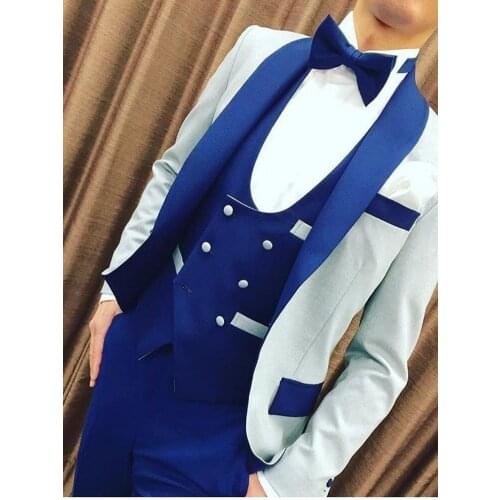 2021 Light Grey Jacket Royal Blue Vest Pant Men Suit Slim Fit 3 Piece Tuxedo Costume Homme Groom Wedding Suits Terno Masculino