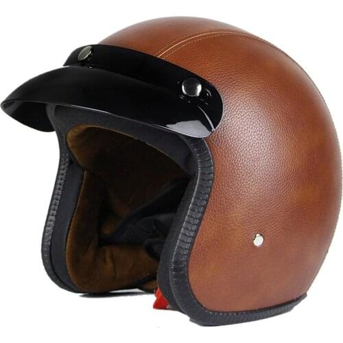 3/4 Leather Open Face Motorcycle Helmet Jet Vintage Retro Flat Helmets Scooter Motorbike Helmet with Visor