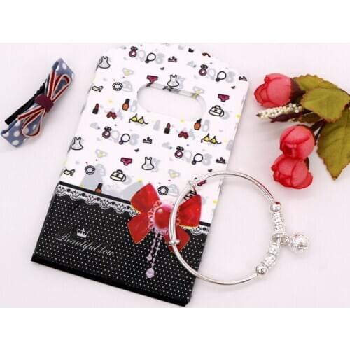 50pcs/lot Mini Red Bow Printed Plastic with Handle Jewelry Bags 9x15cm Cheap Gifts Candy Soap Packaging Bags DIY Storage Pouches