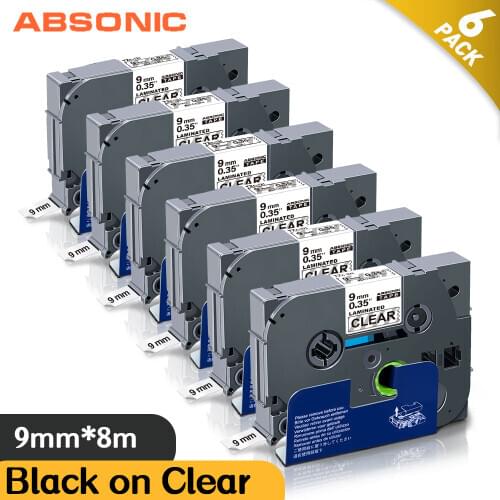 Absonic 6PCS Laminated TZe-121 Label Tape Compatible for Brother P-touch 9mm Printers tze 121 tze-121 PT-E100B PT100 PTD210