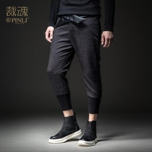 Free Shipping New 2020 unique male man black soul autumn male slim PU leather dark jacquard casual cropped pants BC184117042