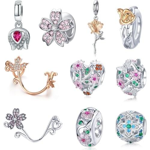BISAER 925 Sterling Silver Crystal Rose Flower Tulip Flower Charms Magnolia Flower Cerise Beads fit Bracelets DIY Jewelry Making