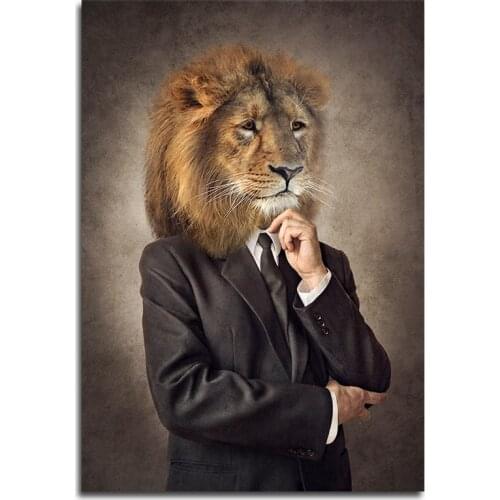 Decor Canvas Wall Art Abstract Printing Pictures Funny Painting Pictures Animals Lion in a Suit Person Body On Canvas Decoration
