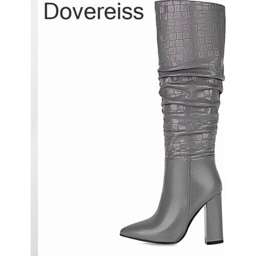 Dovereiss Fashion shoes For Woman Winter Pure Color Red Pointed Toe Sexy Block Heels Knee High Boots Elegant Mature 42 43