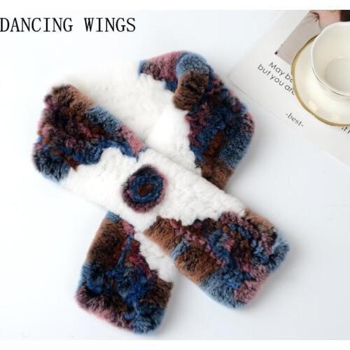 Elegant fashion knitted real rex rabbit fur scarf with flower winter neck warmer womens scarves