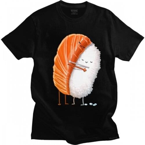 Cute Sushi Hug T Shirt Men Pure Cotton Cartoon Japanese Food Tee Streetwear Fashion Top Short-Sleeve Novelty Graphic Tshirt Gift