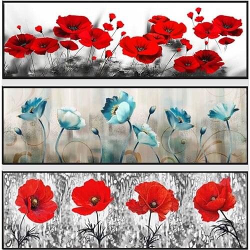 Large size 5D Round Diamond Painting Black and White Red poppy Full Square Flowers Embroidery Mosaic Cross Stitch Handmade Gift