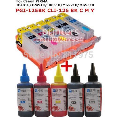 For CANON PIXMA IP4810 IP4910 IX6510 MG5210 MG5310 printer PGI125 CLI-126 refillable ink cartridge+ 5 Color Dye Ink 500ml