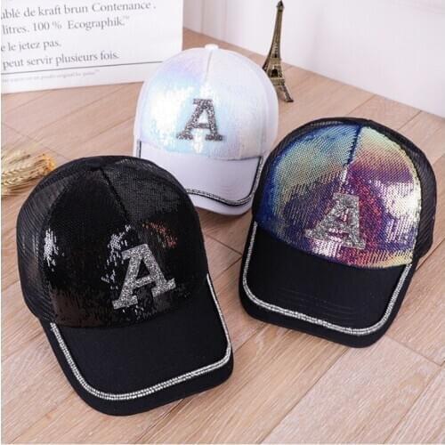 Summer women sequins breathable trucker cap Lady casual fitted snapbacks hats Letter polyester Baseball caps Hip hop cap