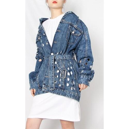 Coat Niche Design 2021 Early Autumn New Style Character Hollow Hole All-Match Belt Buckle Design Denim Jacket