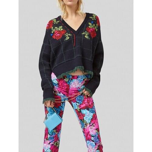 Fashion 11.7 Hot Sale!!! Vintage Embroidery Flower Pullover Knitwear Women Wool Mohair Knit V-neck Sweater