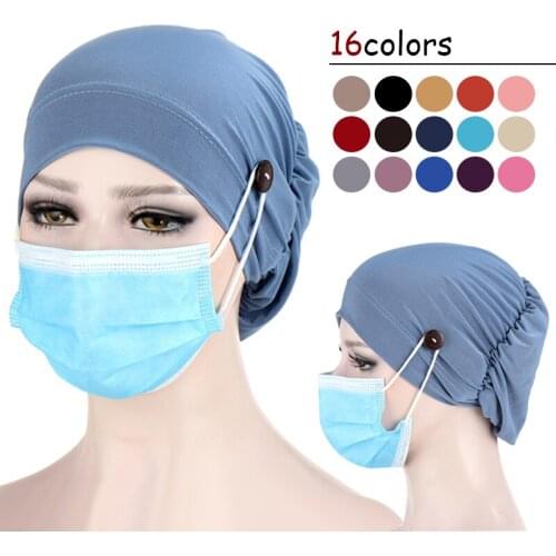 Muslim Turban Caps For Women Solid Color Button Linen Inner Hijab Cap Wrap Head Scarf Hijabs Bonnet Ready To Wear Turbante