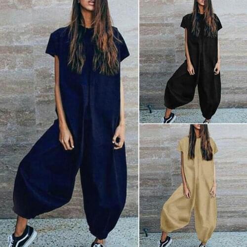 New Arrival!!! Women Cotton Linen Short Sleeve Casual Loose Wide Leg Jumpsuit Overall Playsuit