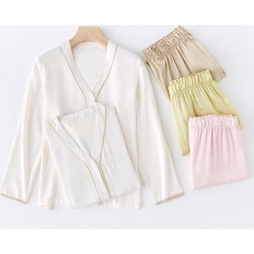 Spring / Summer 2021 Solid V-neck Loose Simple Long-sleeved Pajamas for Women Viscose Solid Trouser Suits 2 Piece Sleepwear Set