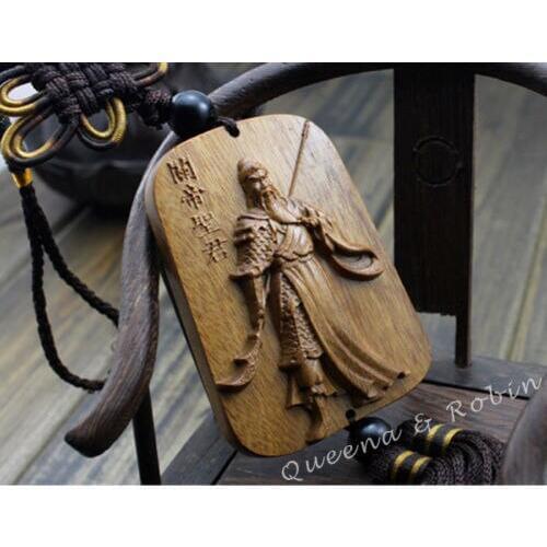 Wood Carving Chinese Knot Guan Gong Yu Car Pendant Amulet Martial god of wealth