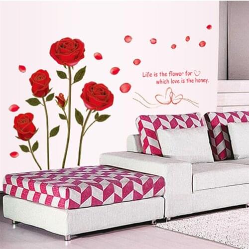 Romantic Red Rose Wall Sticker For Bedroom Living Room Sofa Background Home Decoration Mural Art Decals Flowers Wall Stickers