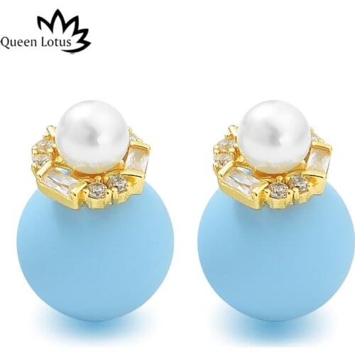 Queen Lotus New Korean Fashion Pearl Stud Earrings High Quality AAA Cubic Zircon Jewelry For Gift