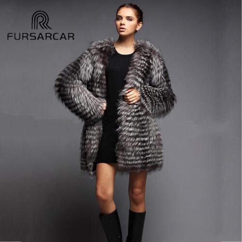 FURSARCAR Real Silver Fox Fur Coat Women Fashion Slim Winter Natural Fox Fur Female Jacket Luxury 80 CM Long Warm Outerweat