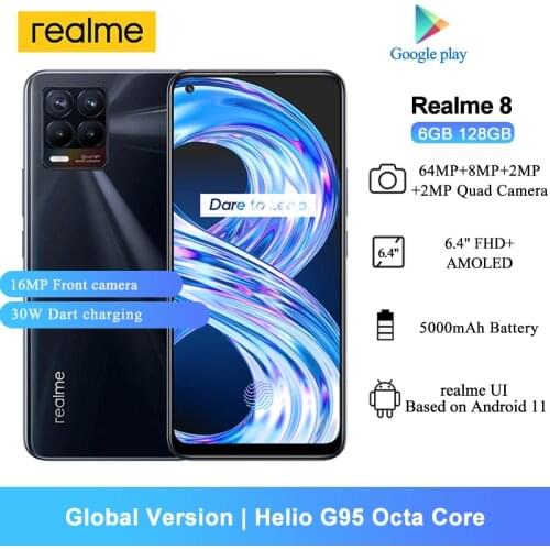 Realme 8 NFC Mobile Phones 6GB 128GB 6.4 inch FHD+ AMOLED Helio G95 Octa Core 64MP Quad Cameras 5000mAh Android 11 Smartphones