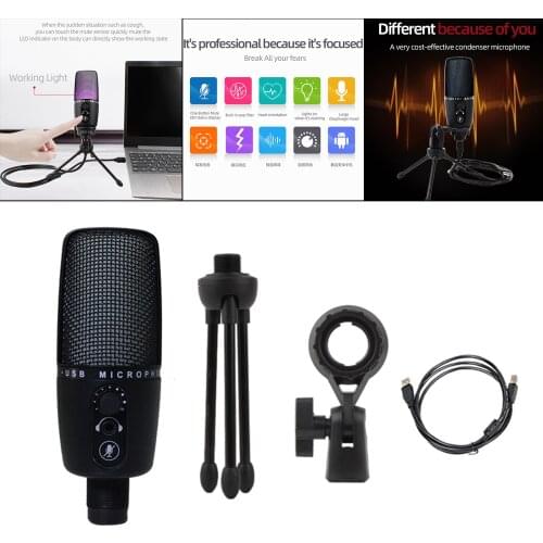 USB Microphone Plug & Play Computer Metal Mic Kit Professional Sound Chipset with Adjustment Tripod for Gaming RGB Lights
