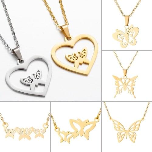 Yiustar Fashion Stainless Steel Tiny Butterfly Pendant Chain Necklace for Women Party Gifts Geometric Jewelry 6 Styles Optional