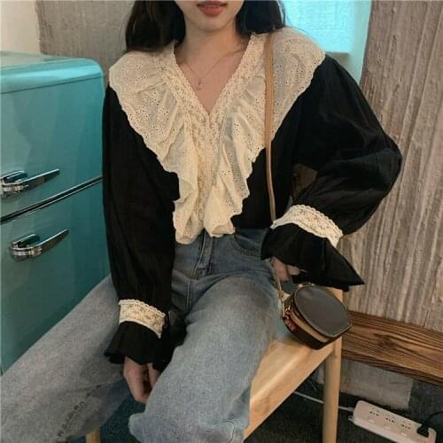 French Fairy Women Lace Blouse Shirt Ruffle V Neck Long Sleeve Blouse Fashion Summer And Autumn Female Party Blousa