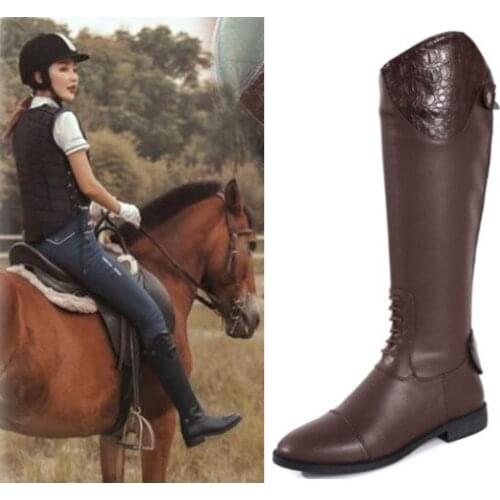 Ladies Leather Boots First Layer Cowhide Round Toe Pure Black Brown Back Zipper Winter Retro Horse Riding Boots