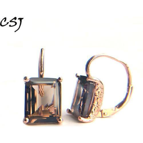 CSJ Smoky quartz gemstone Earring Sterling 925 Silver octagon 9*11mm 8Ct Fine Jewelry For Women Lady or mother Party Gift Box
