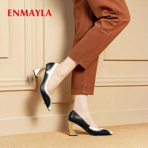 ENMAYLA 2020 Luxury Shoes Women Designers Genuine Leather Pointed Toe Slip-On Dress Women Heels Square Heel Women Pumps 34-40