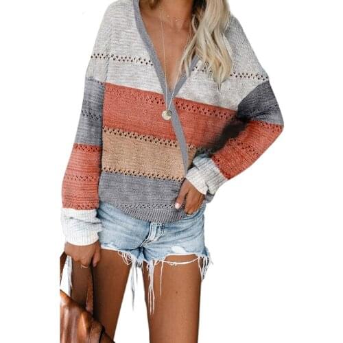 Women Long Sleeve Sweater Sexy Faux Wrap Deep V-Neck Pullover Tops Color Block Stripes Hollow Out Knitted Loose Jumper