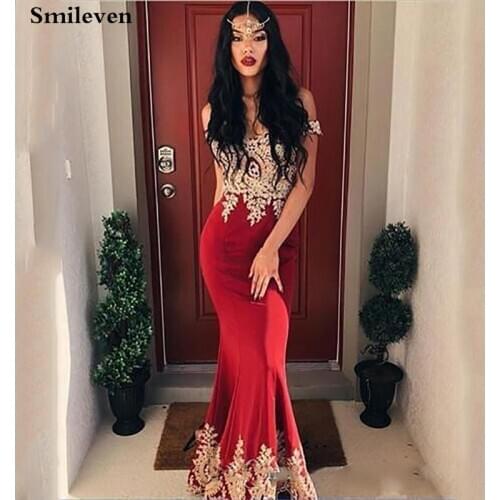 Smileven Dubai Evening Dresses Gold Lace Formal Evening Party Gown Off The Shoulder Prom Party Dress 2019