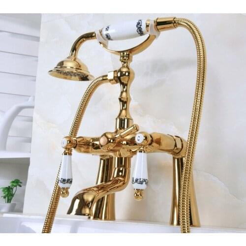 Gold Color Brass Deck Mount Bathroom Tub Faucet Dual Ceramic Handles Telephone Style Hand Shower Clawfoot Tub Filler ana143