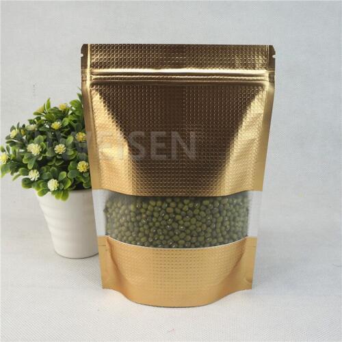 15x22cm stand bag 100pcs Reclosable Dark Gold aluminum foil zipLock bags with window,Embossed mylar foil plastic pouch for snack
