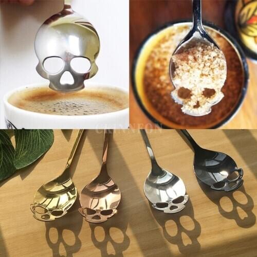 200Pcs/Lot Coffee Spoon Skull Head Shape 304 Stainless Steel Tableware Tool Black Sugar Spoon Rose Gold Tea Spoon