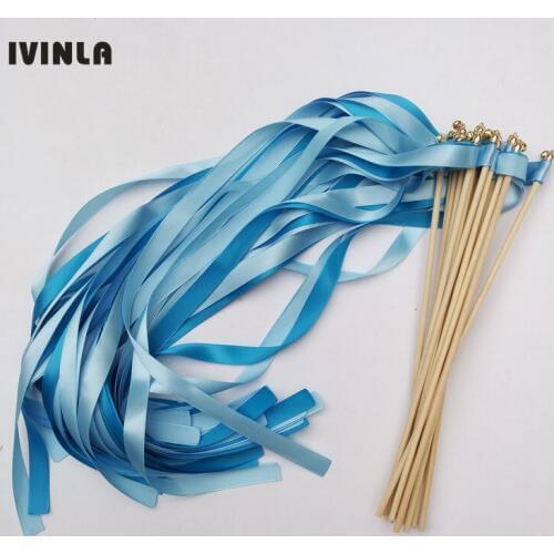 50pcs/lot sky blue wedding ribbon wands with gold bell ribbon Twirling Streamers wedding ribbon stick